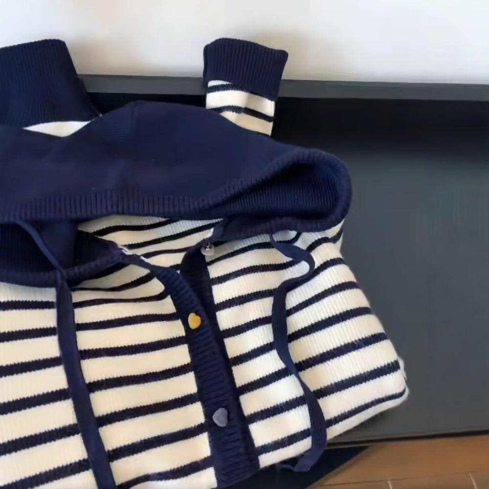 Women's Striped Color-Block Hooded Knit Cardigan - Fall/Winter Fashion - Cozy, Loose-Fit Long Sleeve Sweater