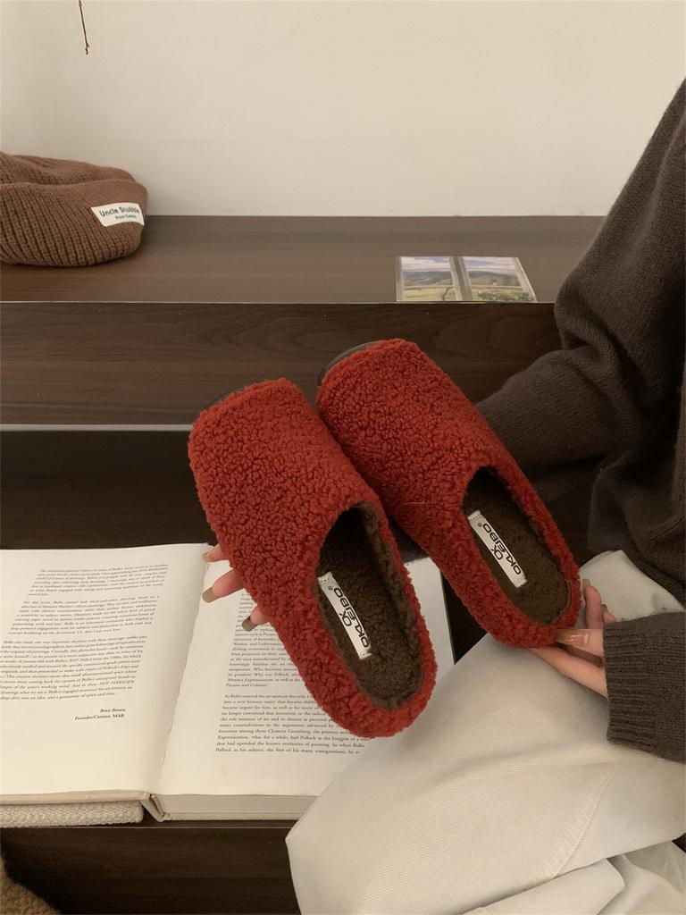 Retro Lamb Wool Plush Slippers Women's Outer Wear 2025 New Small Fragrant Splicing Lazy One-pedal Cotton Mop