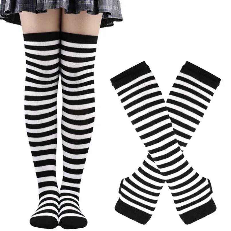 Lange über dem Knie Socken Damen Fäustlinge Armstulpen Handschuhe Set Gestreifte Oberschenkelhohe Strümpfe Damen Mädchen Rosa Schwarz Weiß Lolita