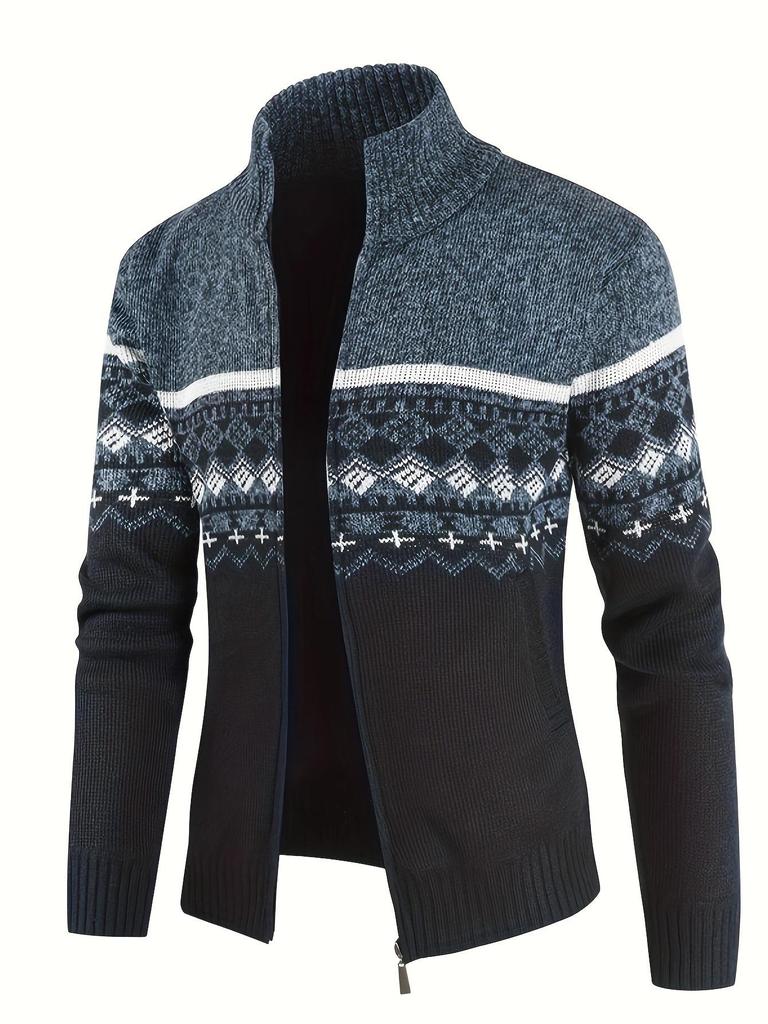 Men's Winter High Neck Plush Knit Slim Fit Cardigan Sweater