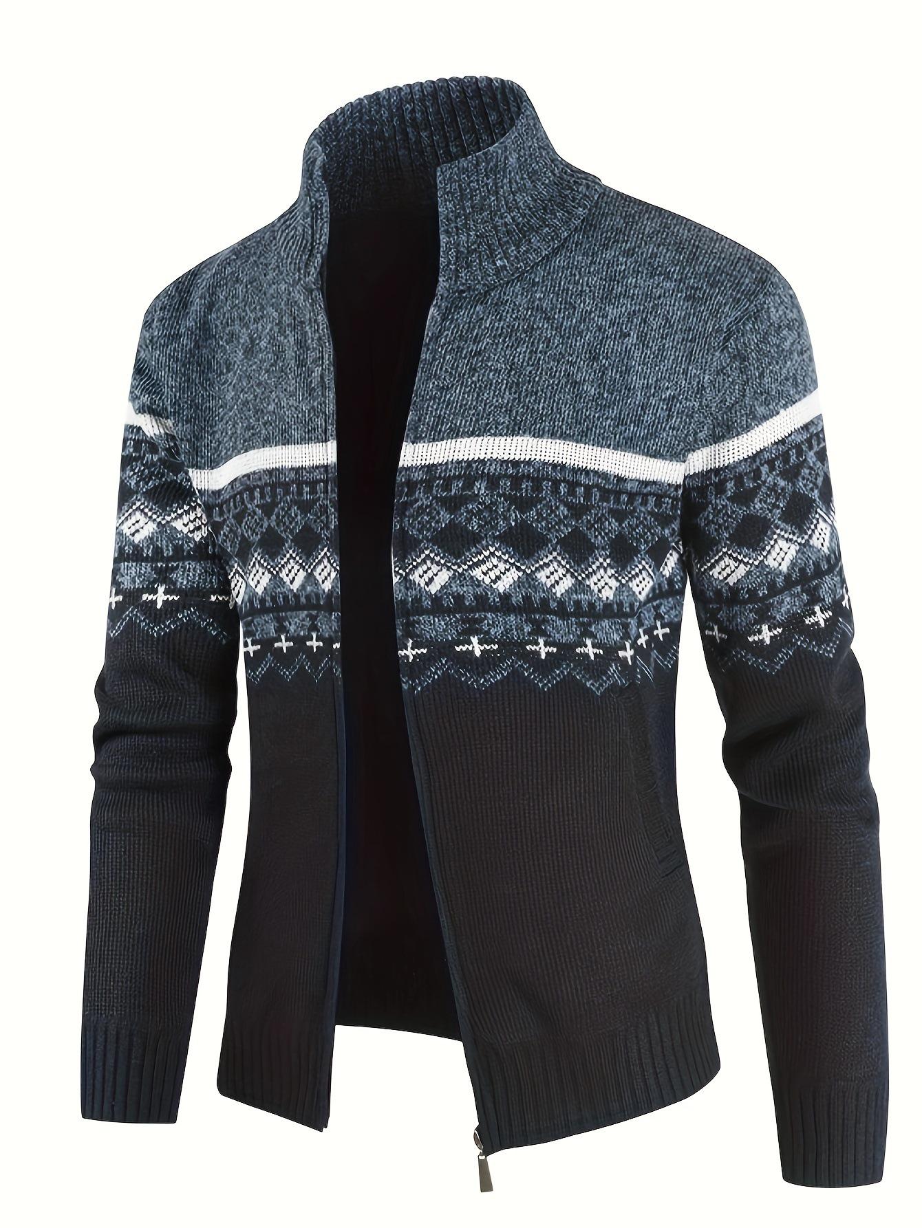 Men s Winter High Neck Plush Knit Slim Fit Cardigan Sweater M