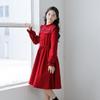 Girls' Red Ruffle Stand Collar Long Sleeve Waist-Hugging Dress for Autumn