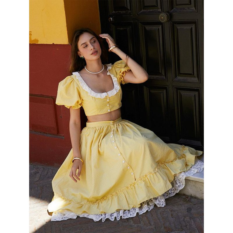 Summer Ice Vitamin C French Sweet Cream Yellow Plaids Lace Edge Puff Sleeves Small Top Elastic Waist Mid-Length Dress Set