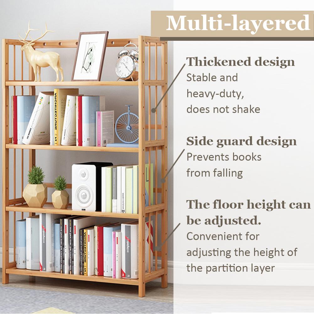 4-Tier Bamboo Bookshelf Multi-Function Storage Shelves Reusable Free-Standing Display Rack for Bathroom Kitchen Living Room