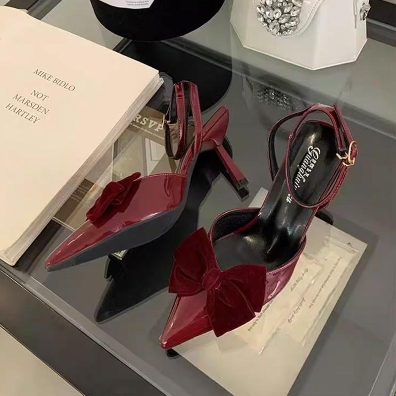 Fashion Baotou High Heels Spring New Pointy Head Shallow Mouth Butterfly Knot Line with Anti-slip Wear-resistant Sandals