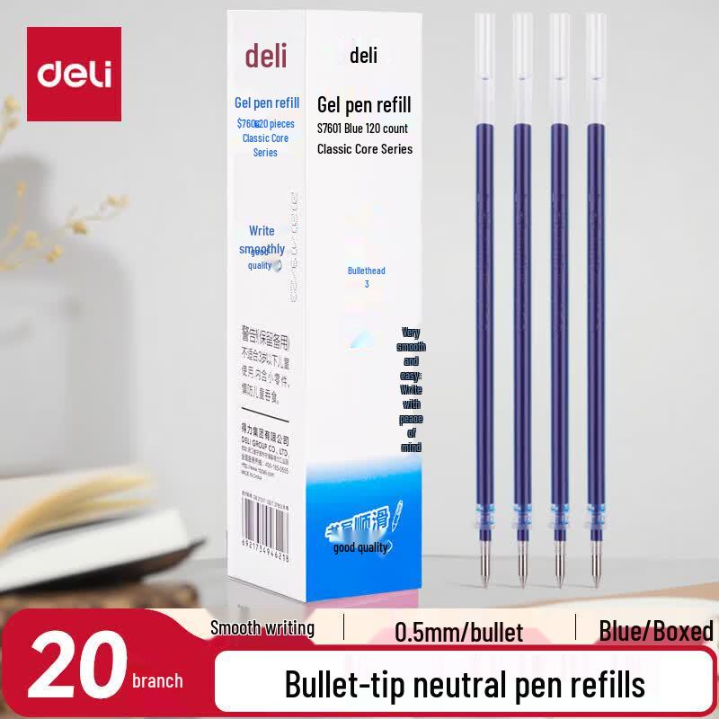 Deli S760 0.5mm Bullet Tip Gel Pen Refills, Blue, 20-Count