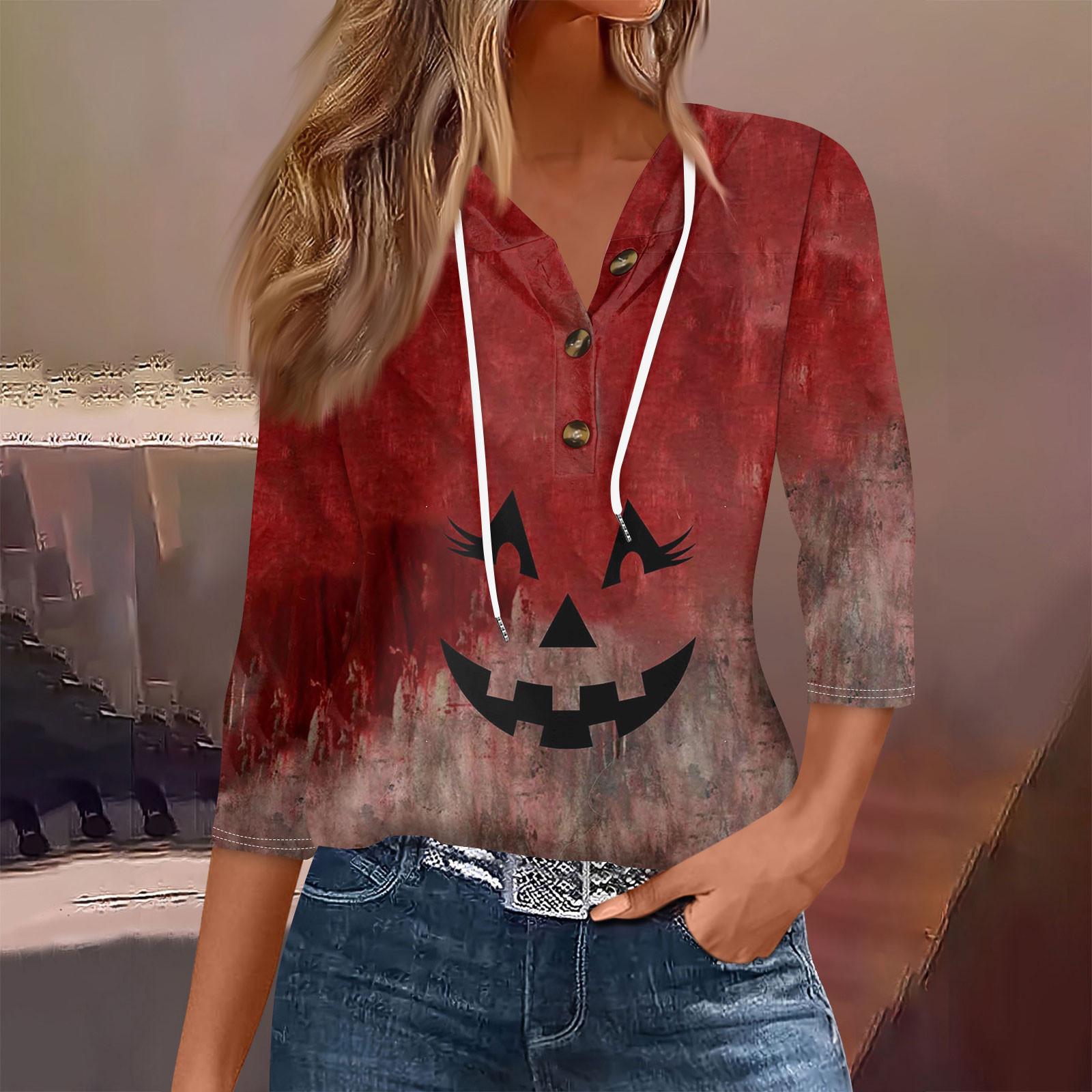 

Женская мода, повседневная футболка с капюшоном и принтом на Хэллоуин, семь рукавов, на пуговицах S чёрный