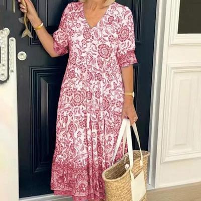 Abito da Donna a Fiori con Scollo a V Leggero Ampio Lungo Manica Corta Estivo Traspirante Comodo Abito Casual per Moda Lavoro e Vacanza