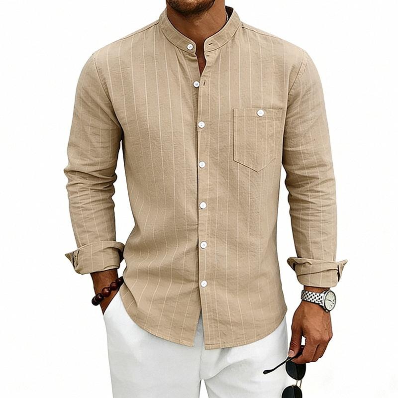 Mens Striped Linen Blend Stand Collar Long Sleeve Casual Shirt With Pockets