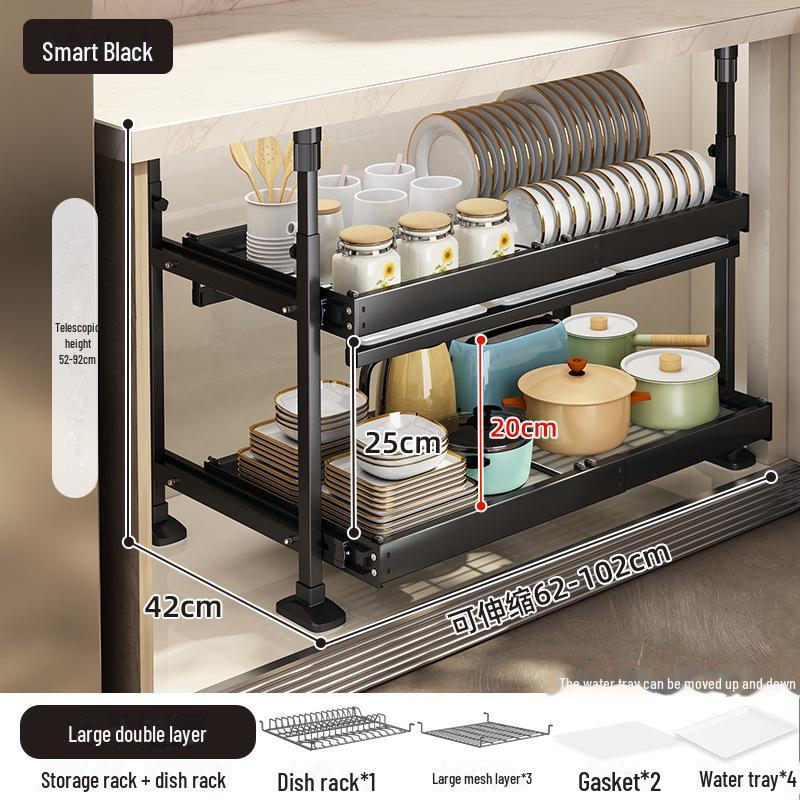 Under-Sink Kitchen Cabinet Storage Rack with Drawer and Tiered Basket