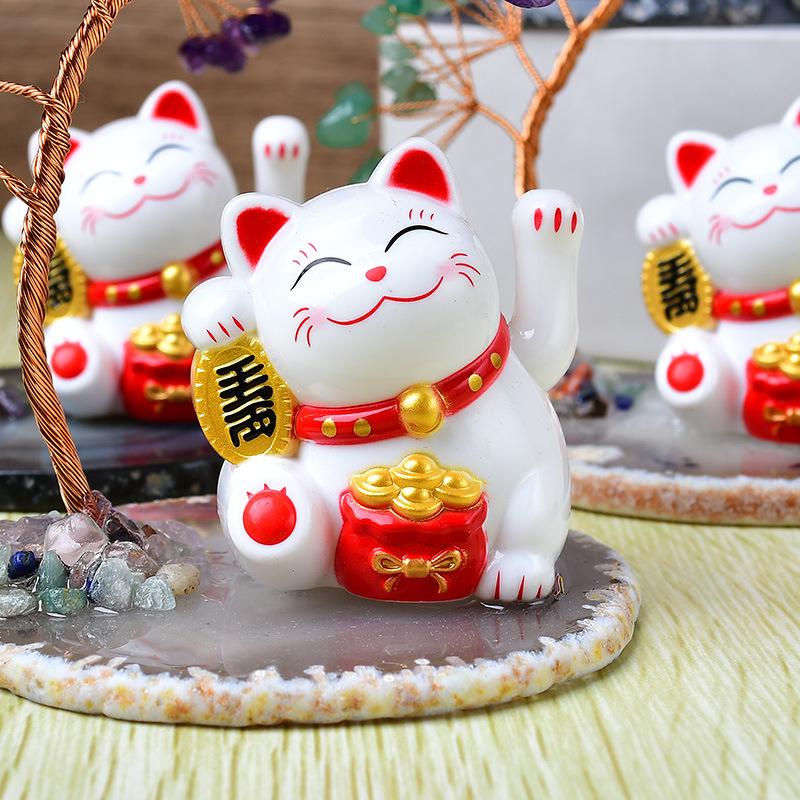 Solar Energy Shake Hands Lucky Cat Base Fate Tree Office Home Natural Crystal Crushed Stone Life Tree Handwoven Weaving Decor