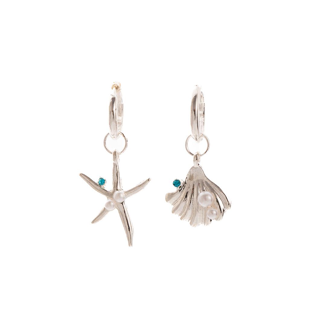 Summer Niche Design Sense Starfish Shell Asymmetrical Ear Buckle Diamond Pearl Fashion Simple Temperament Earrings