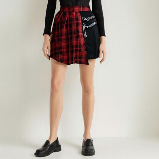 Women Mini Skirt Checkered Print Contrasting Color Pleated Skirt High Waist Metal Chains Belts Decoration Irregular Skirt