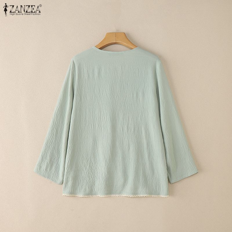 ZANZEA Damska codzienna bluzka z luźnym długim rękawem i kwiatowym haftem