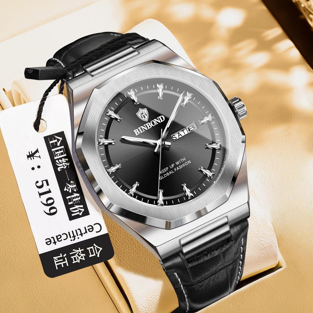 Binbang Men's Luminous Waterproof Quartz Watch with Calendar - Trendy Korean Style