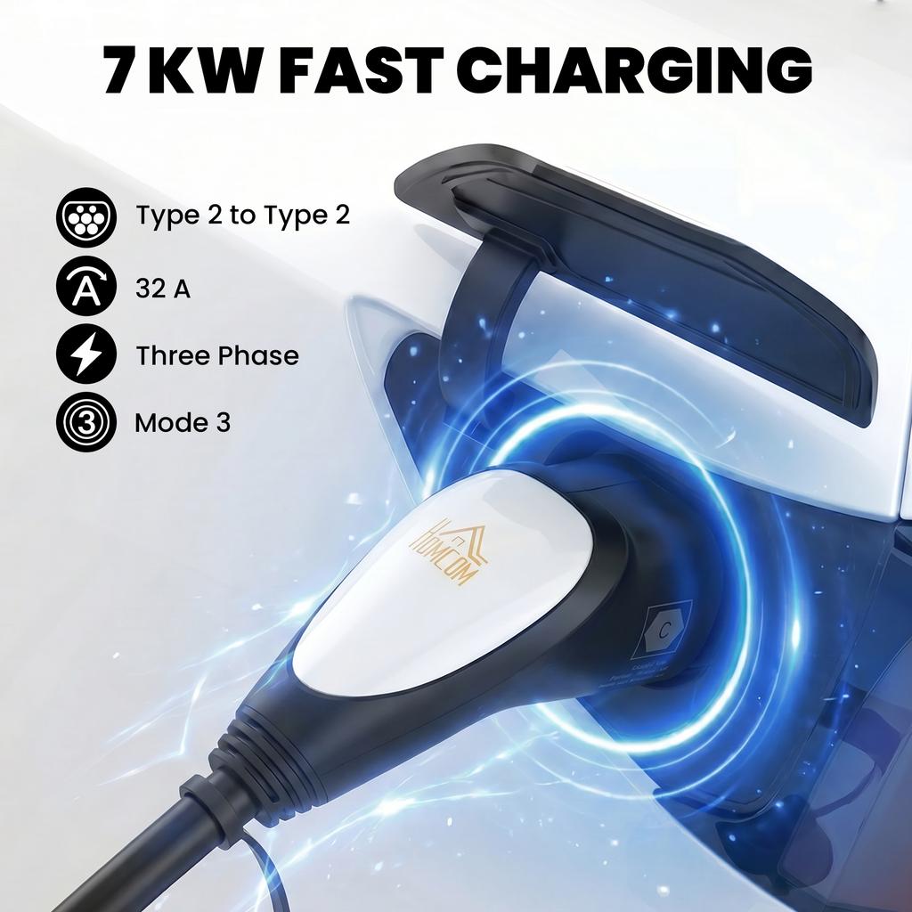 Type 2 EV Charging Cable 7kW 32A Mode 3, 10m, Fast Charging Cord