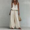 Damen Lockerer Zweiteiler Ärmelloses Tanktop Kordelzug Taille Weite Hosen Einfarbig Leinenmischung Lässiges Urlaubs-Outfit Set
