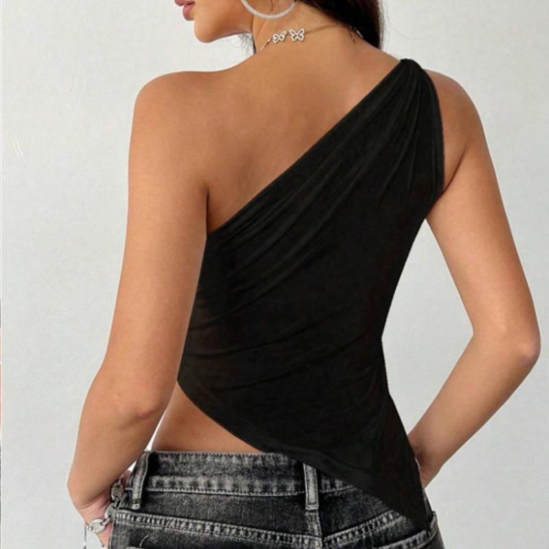 2025 New Fashionable Casual Women's T-Shirt Solid Color Single Shoulder Asymmetrical Slim Fit Top One-Piece Neck