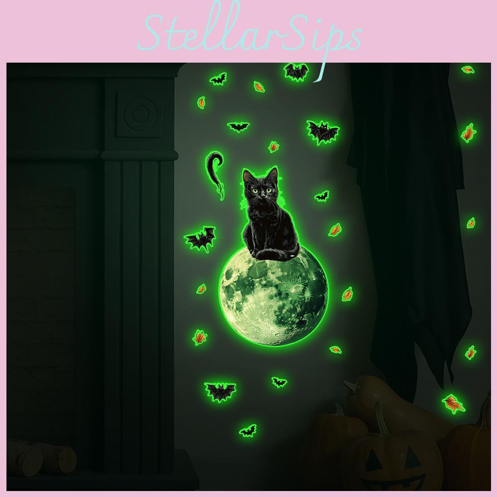 Halloween Pvc Wall Decal With Green Light Moon Black Cat Bats For Living Area Decor