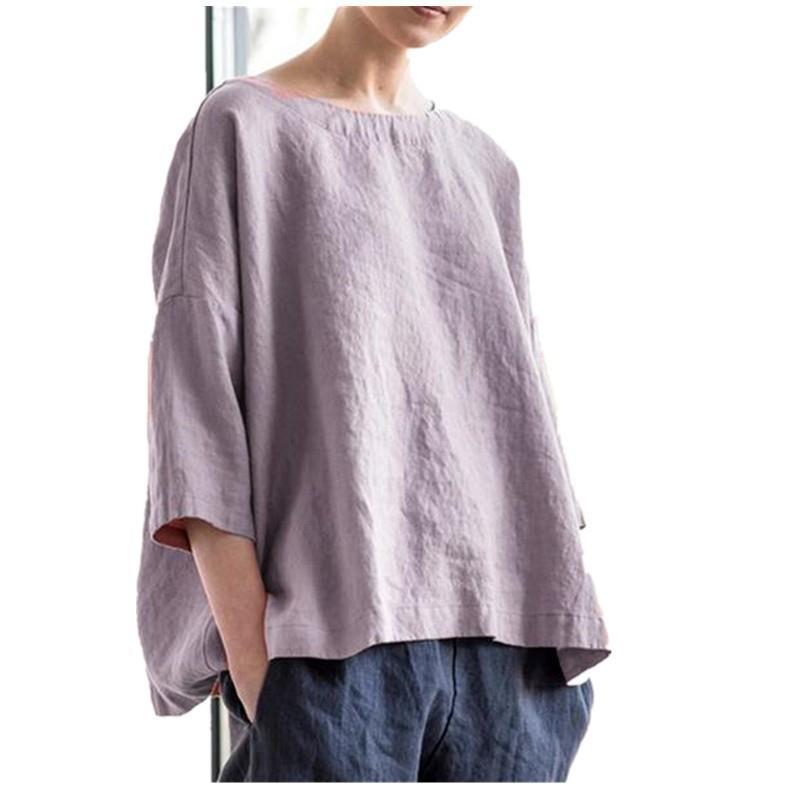 Round Neck Cotton and Linen Loose Top, Versatile and Versatile Cover Up, Women's Top