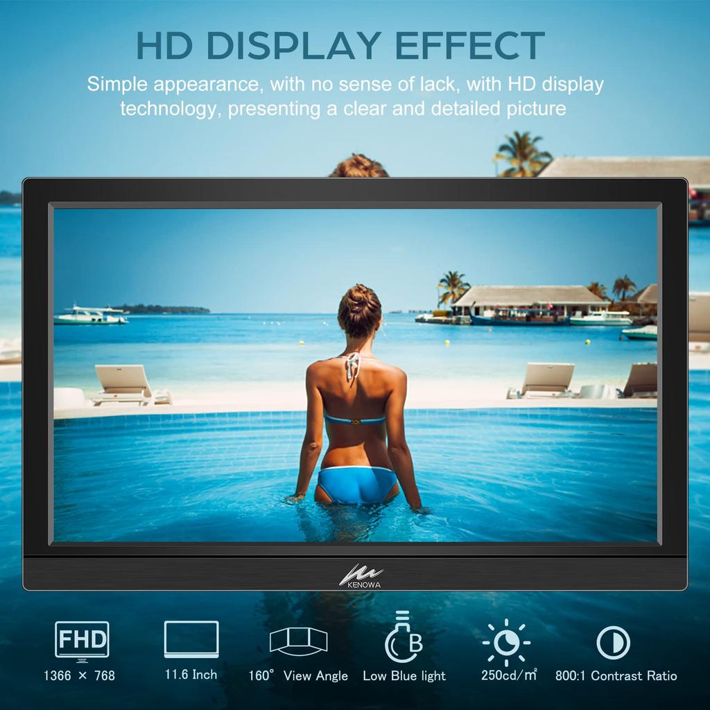 Kenowa Portable Slim and VESA USB HDMI Compatible with Raspberry and More 11.6-inch HD1366768 Monitor, Lightweight, Compatible, Type-C, Port, PCs,