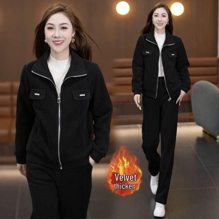 Women's Fleece-Lined Fashion Set: Trendy Stand-Up Collar Coat & Warm Long Pants for Autumn/Winter