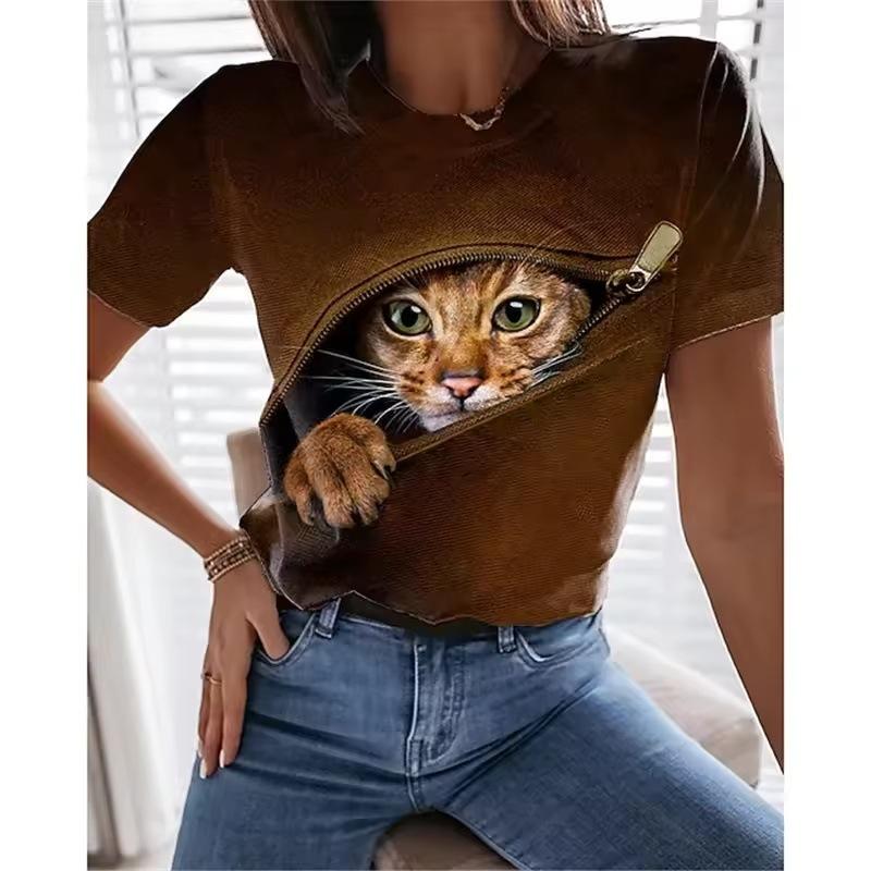 Women's T-shirt 3D Printed Casual Short Sleeved Cute Kitten Pattern Print O-Neck Top Fashionable Street Women's Clothing