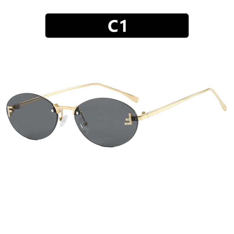 Letter F Frameless Trim Sunglasses Oval Retro Small FrameTrendy Holiday Travelling Sunglasses Women Fashion Metal Sunglasses
