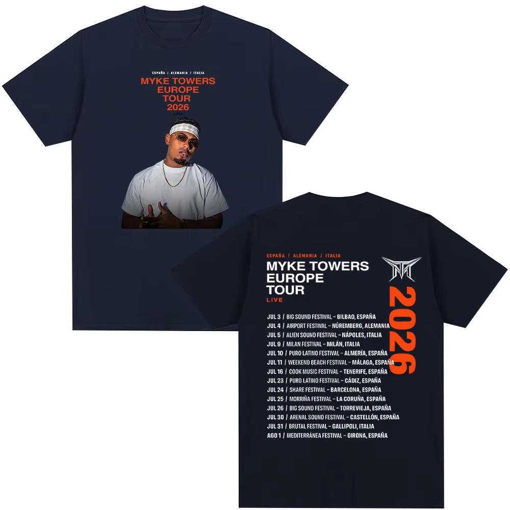 Rapper Myke Towers Europe Tour 2026 Tshirts Unisex Unisex Fashion Hip Hop Oversized T Shirt Cotton Short Sleeve Tshirt Streetwear