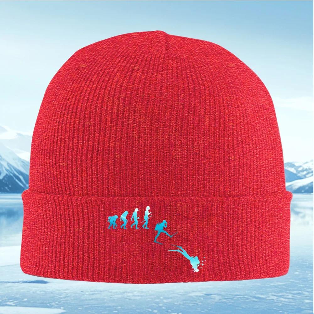Evolution diver diving underwater ocean Unisex Women Unisex Knitted Hat Beanie Pullover Cap Winter Thermal Warm Christmas Outdoor C