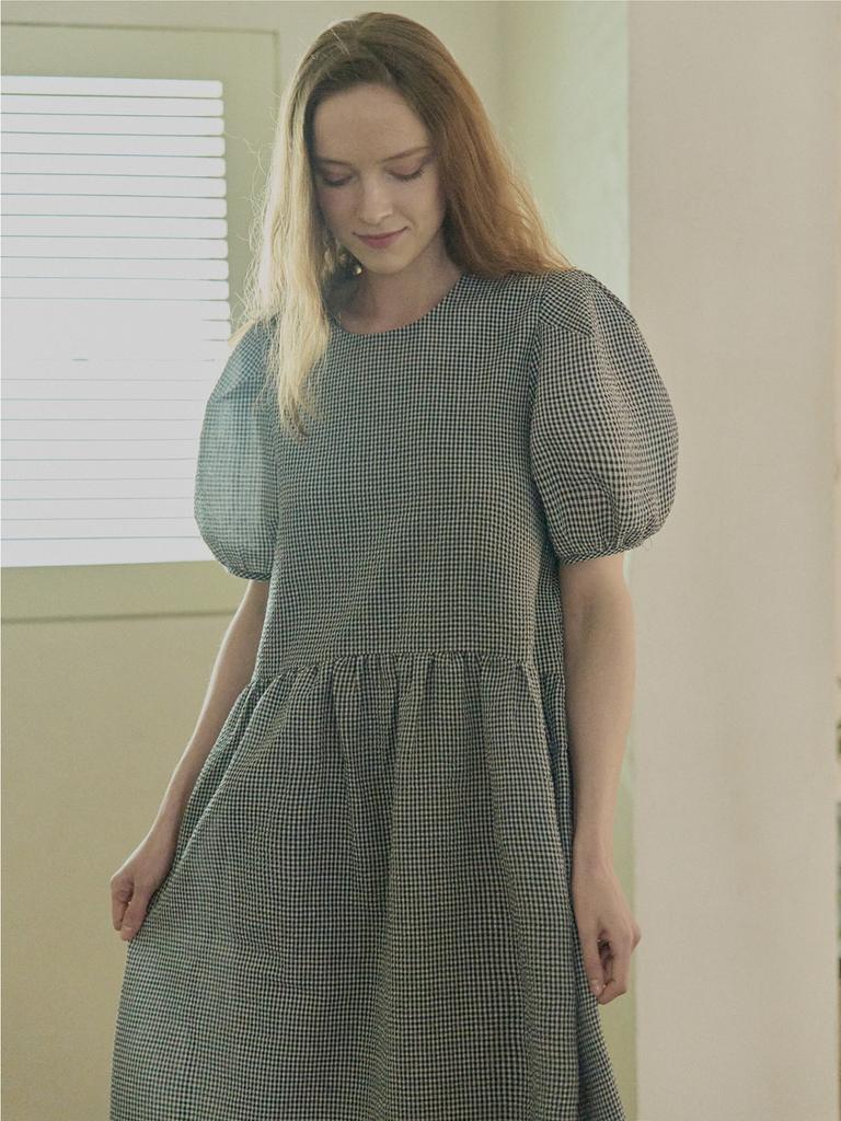 Avang Check Ribbon Puff Long Dress - Black