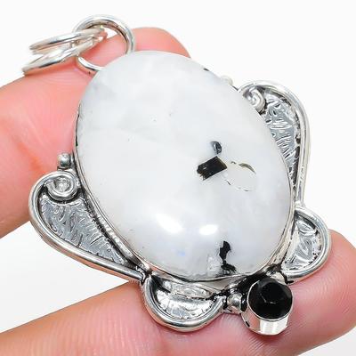 Natural Rainbow Moonstone, Spinel 925 Sterling Silver Gift Pendant 2.29" v0Q58