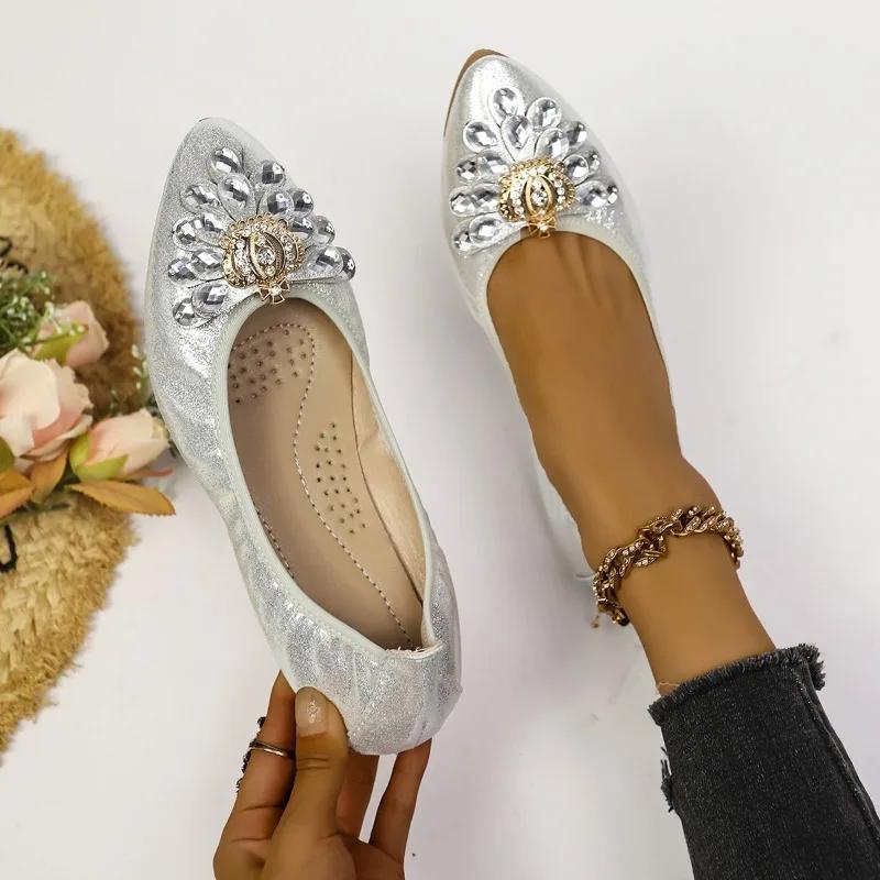 Mote Hot Sale Sko Dame 2024 Nye Luksuriøse Krystall Mote Damesko Myke og Komfortable Sammenleggbare Dame Ballerinas Sko Zapatos