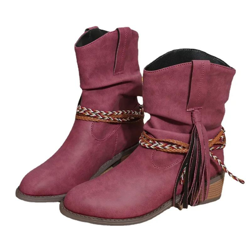 Dámské pirátské kozačky s plisovanými třásněmi do půl lýtka, dámské kozačky s špičatou špičkou na silném podpatku, dámské krátké nazouvací kozačky, nadměrná velikost 43