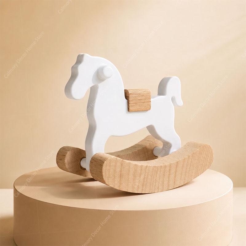 Mini Wooden Horse Toy Model Doll Decorative Accessories Simple Small Wooden Horse Rocking Horse Dollhouse Ornaments Home Decor