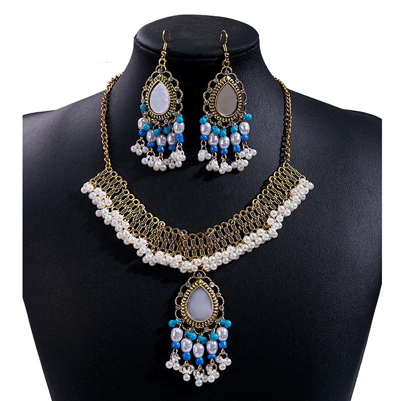 Bohemian Crystal Jewelry Set: Ethnic Tassel Necklace & Earring with Rhinestones
