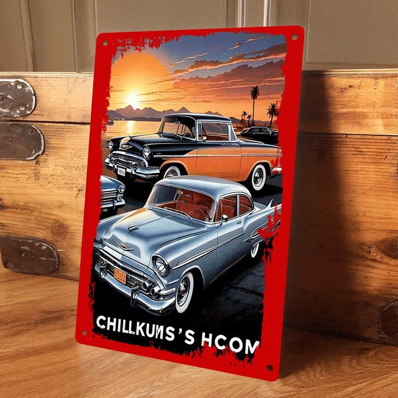 

1 piece of retro classic car sunset landscape tinplate painting, American country style living room/bar wall decoration, home re (as the picture,20x30cm)