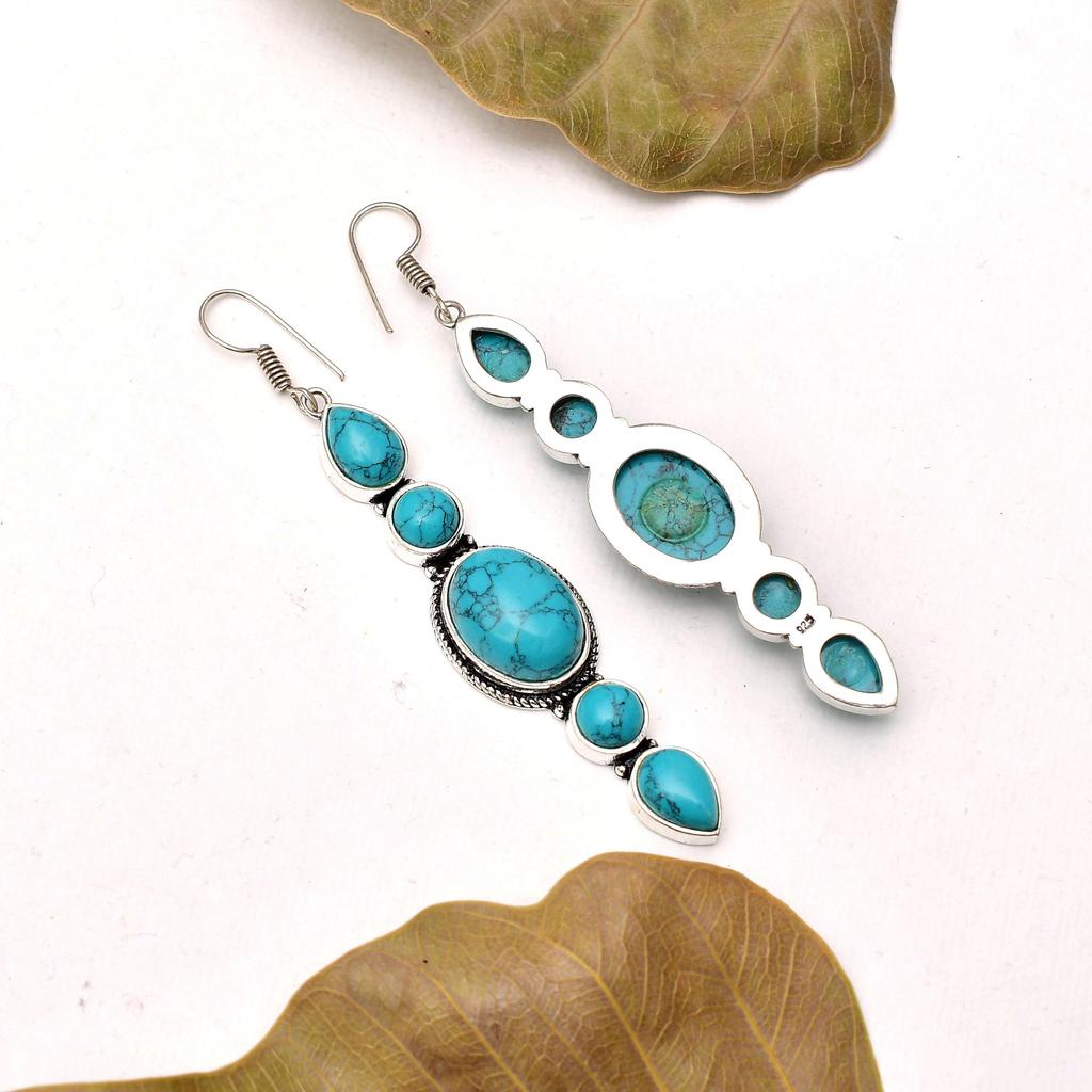 Turquoise Gemstone : 925 Sterling Silver Handmade Long Earring's Jewelry