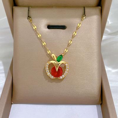 ZAKOL Niche Red Inlaid Zircon Apple Pendant Necklace Stainless Steel Clavicle Chain Necklaces Women's Accessories Gift