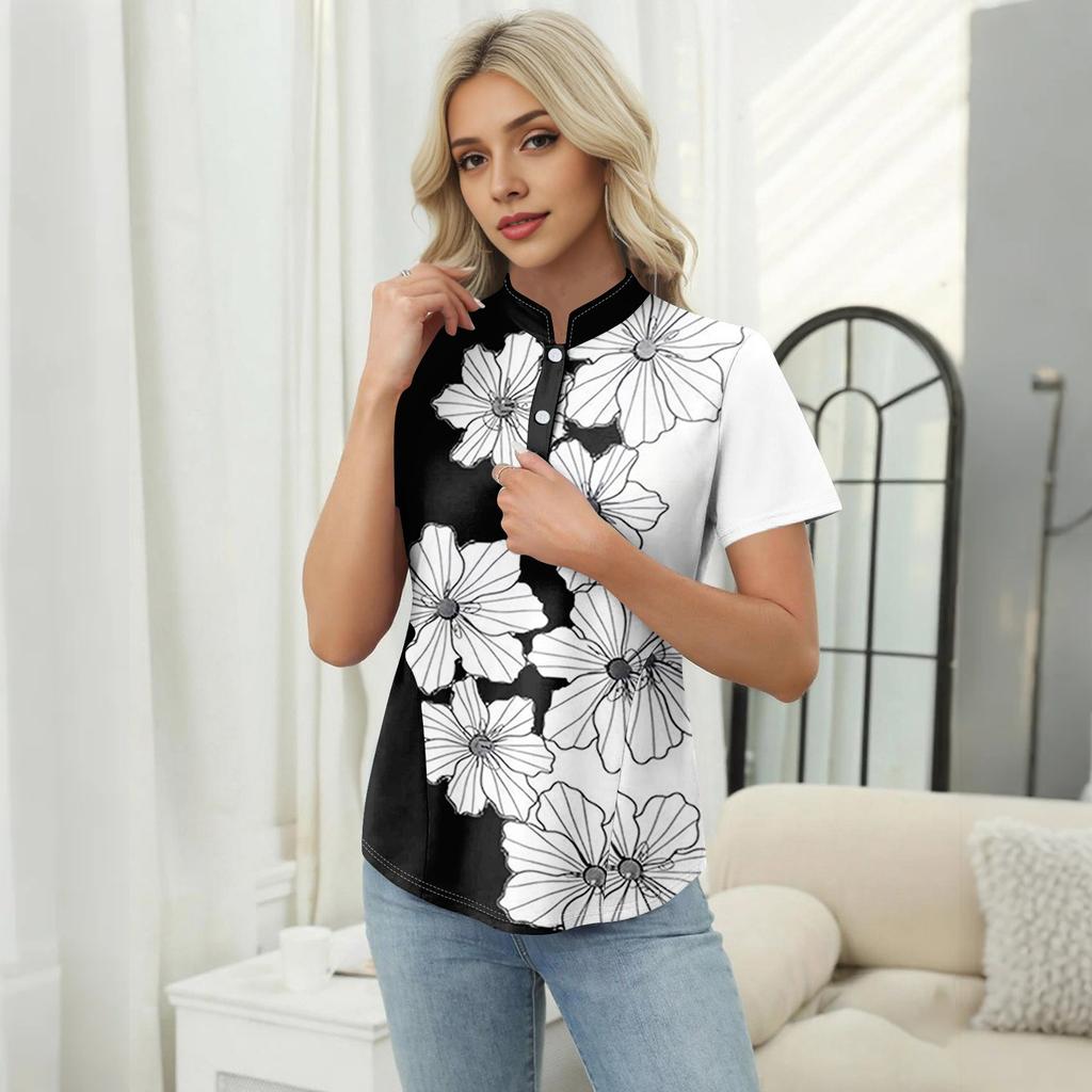 Women's Casual Floral Print V-Neck Short Sleeve Decorative Button T-Shirt Top