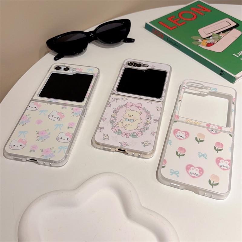 Floral bear rabbit design for Samsung Z Flip 3/4/5 and Oppo N3 Flip phone case with card pocket.