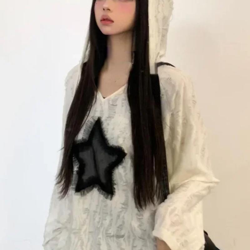 T-shirt con foro Grunge T-shirt moda donna Star Stampa Y2k T-shirt allentate estetiche Kpop Fairycore Maglietta strappata Harajuku Gothic Streetwear