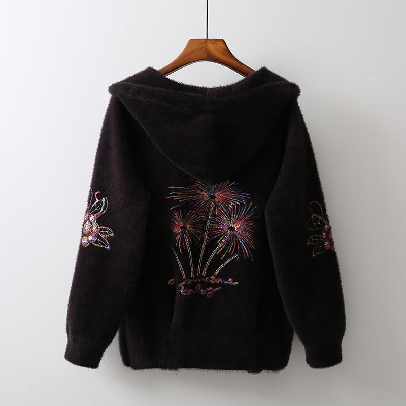 Autumn and Winter Hooded Mink Sweater Coat Female Loose Embroidered Short Thickened Fashion Coat
