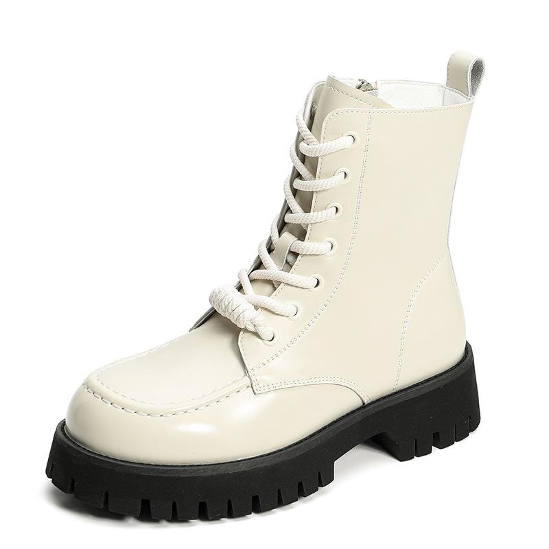 

Meotina/женские полусапоги из натуральной кожи, армейские ботинки с круглым носком на платформе, толстом среднем каблуке и молнией на шнуровке, зимняя женская обувь 40 35 бежевый