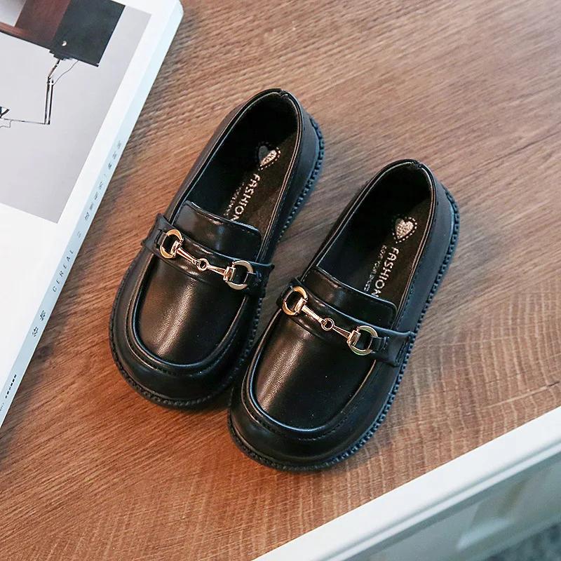 

2024 Spring New Girls British Boys Leather Shoes Children Soft Mary Janes Metal Kids Fashion Casual Solid Black Slip-on Loafers 21 (insole 13.8 cm) чорний
