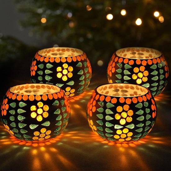 Pachet de 4 suporturi de lumânări votive din sticlă din mozaic turcesc pentru decorațiuni de Crăciun de masă Articole pentru decorațiuni interioare, birou, cadou de Crăciun