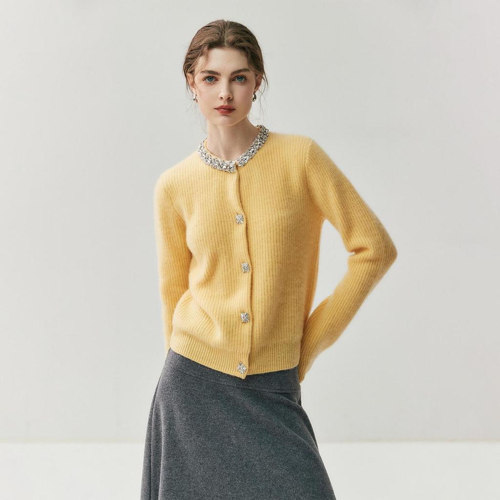 Women's Cashmere Cardigan - Round Neck, Rhinestone Trim, Stylish & Elegant, Perfect for Autumn/Winter.