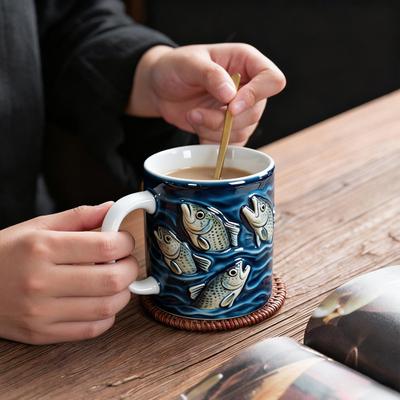 Fishing Ceramic Mug Trout Fish Design Coffee Mug with Blue Wave Pattern 11/15oz Fish Art Drinkware Gifts for Men Fisher