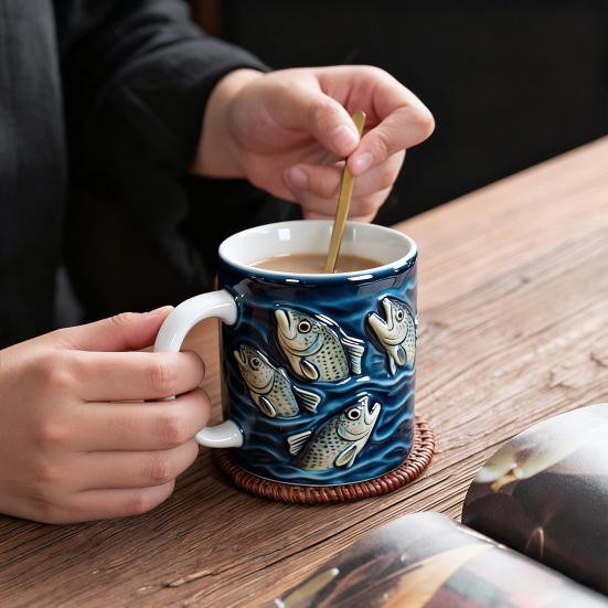 Fishing Ceramic Mug Trout Fish Design Coffee Mug with Blue Wave Pattern 11/15oz Fish Art Drinkware Gifts for Men Fisher