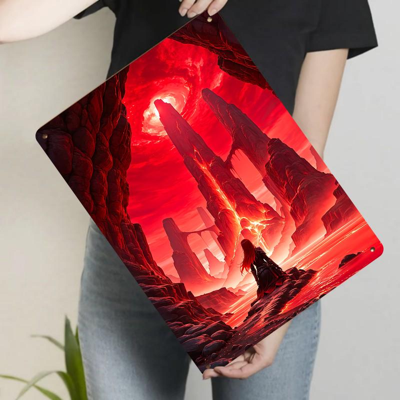 

Crimson Dusk Sentinel Metal Wall Art Gothic Lava Cliff Landscape Home Decor Hanging Ornament 20x30cm（7.8x11.8inch）
